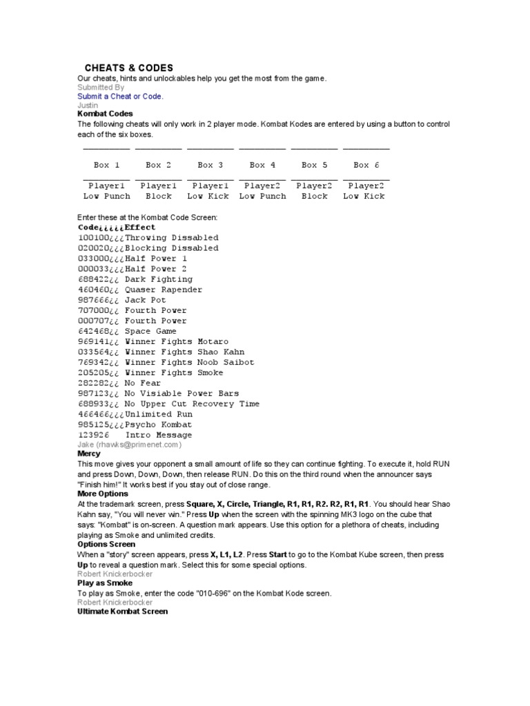Mk3 Playstation 2 Cheats | PDF | Characters Created | Video Games