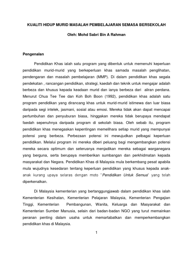 Kualiti Hidup Murid Masalah Pembelajaran Kualiti Hidup Murid Masalah Pembelajaran