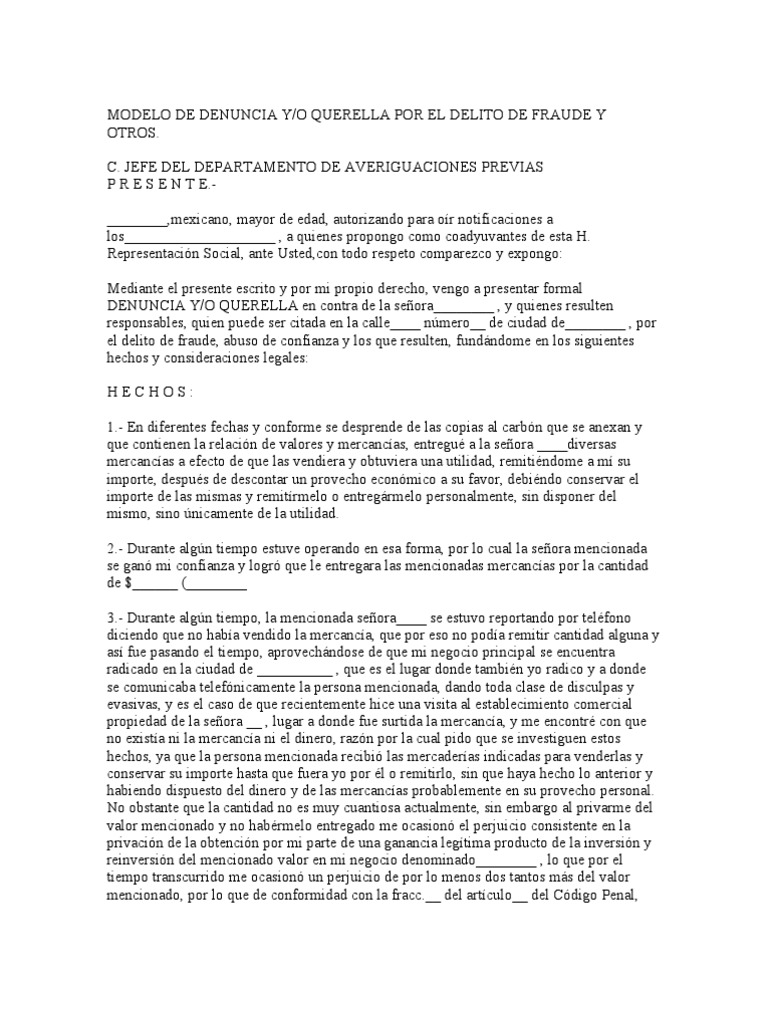 Modelo de Denuncia y o Querella Por El Delito de Fraude y 