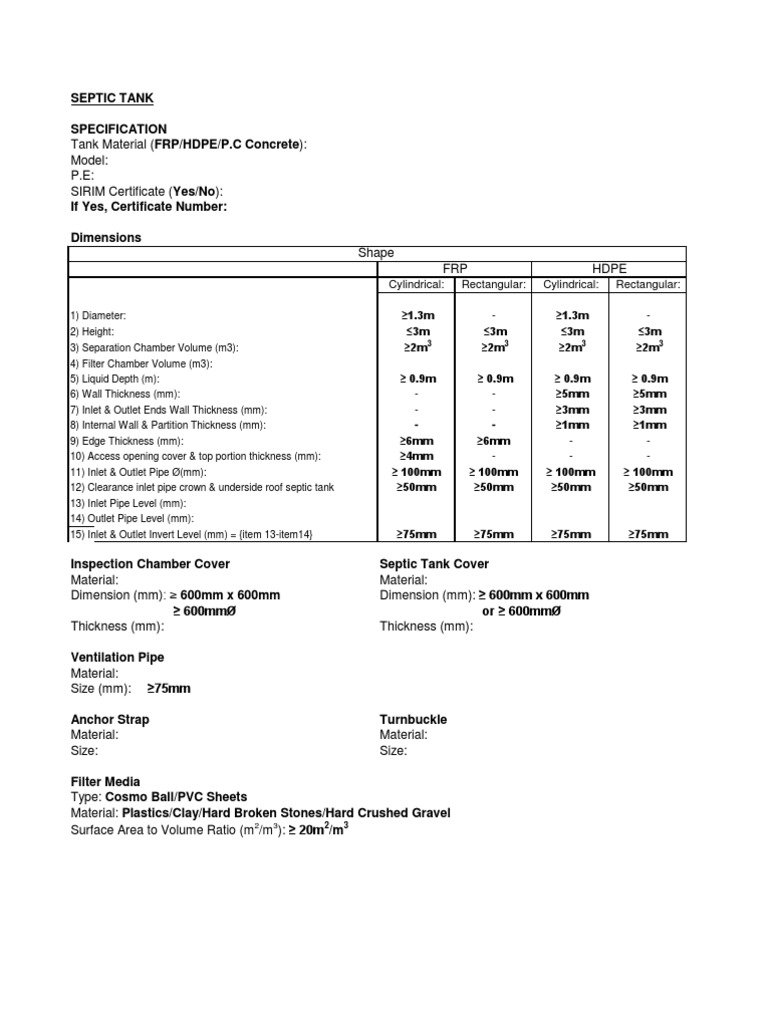 Septic Tank Specifications Overview | PDF | Volume | Pipe (Fluid ...