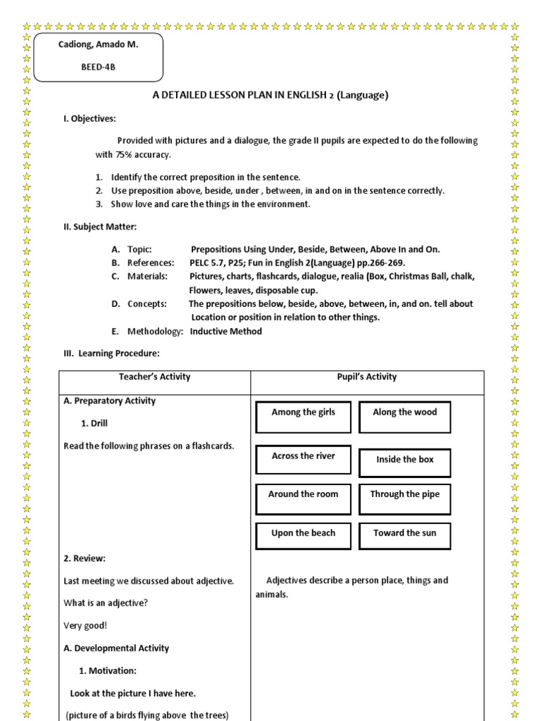 Grade 2 Preposition Lesson Plan | PDF | Lesson Plan | Languages