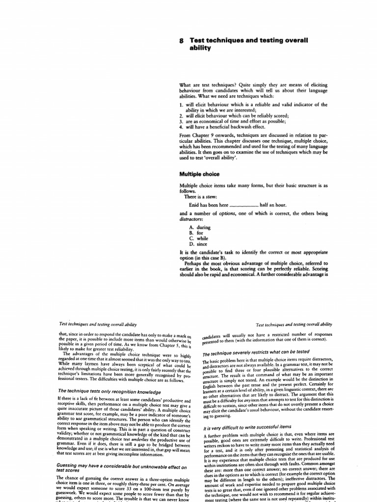 Language Test Techniques Guide | PDF | Multiple Choice | Reading (Process)