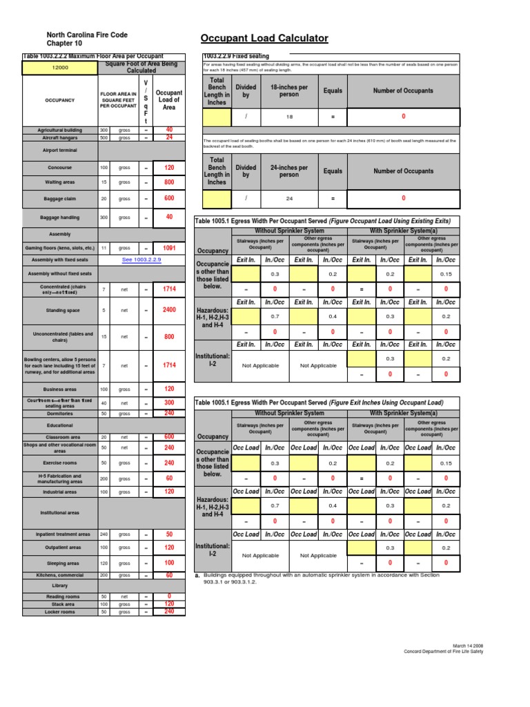 OCCUPANT LOAD CALCULATOR .XLS Fire Sprinkler System Inch