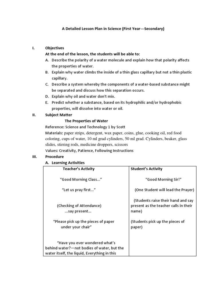 Traditional Science Lesson Plan: Water Properties | PDF | Properties Of ...