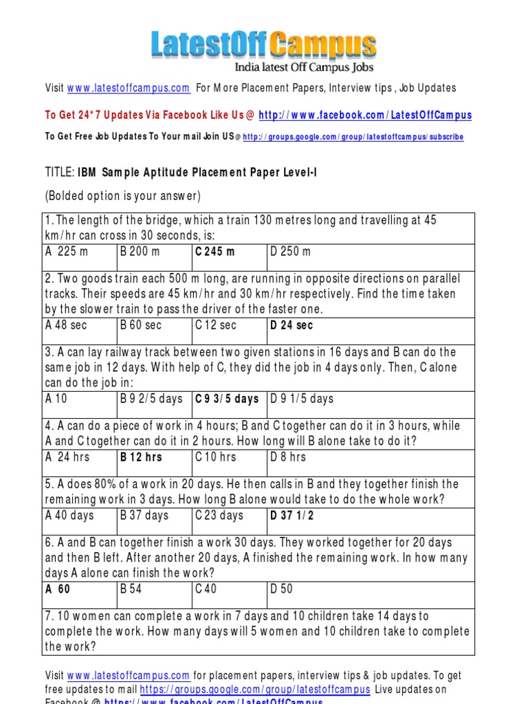 IBM Aptitude Test Sample Questions | PDF | Speed | Business