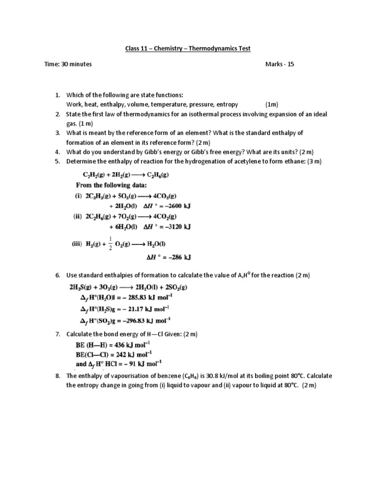 Class 11 Thermodynamics Test Paper | PDF