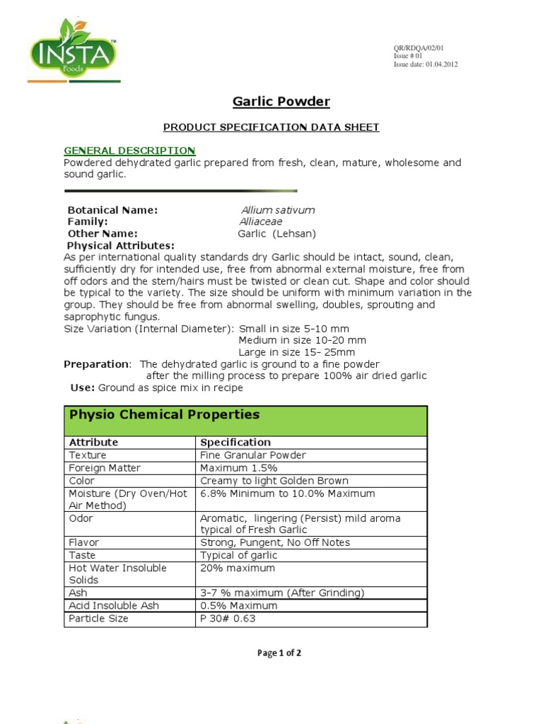 Garlic Powder Product Specification Data Sheet PDF