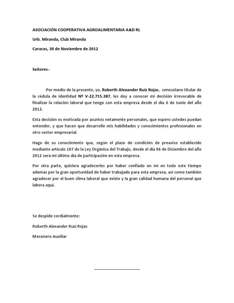 Carta Renuncia Con Preaviso