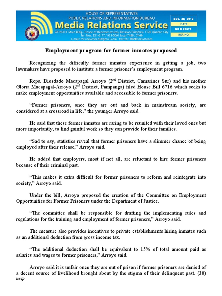 Employment Program For Former Inmates Proposed | PDF | Politics
