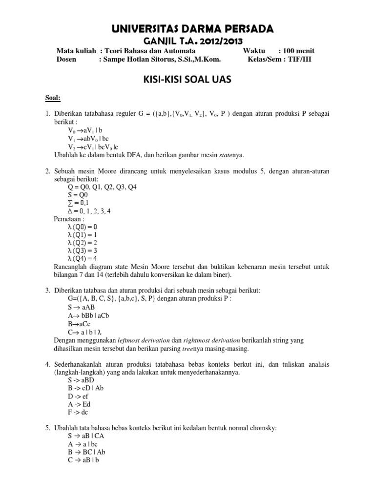 Kisi Kisi Soal Uas Teori Bahasa Dan Automata