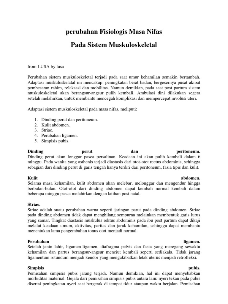 Perubahan Fisiologis Masa Nifas Pada Sistem Muskuloskeletal