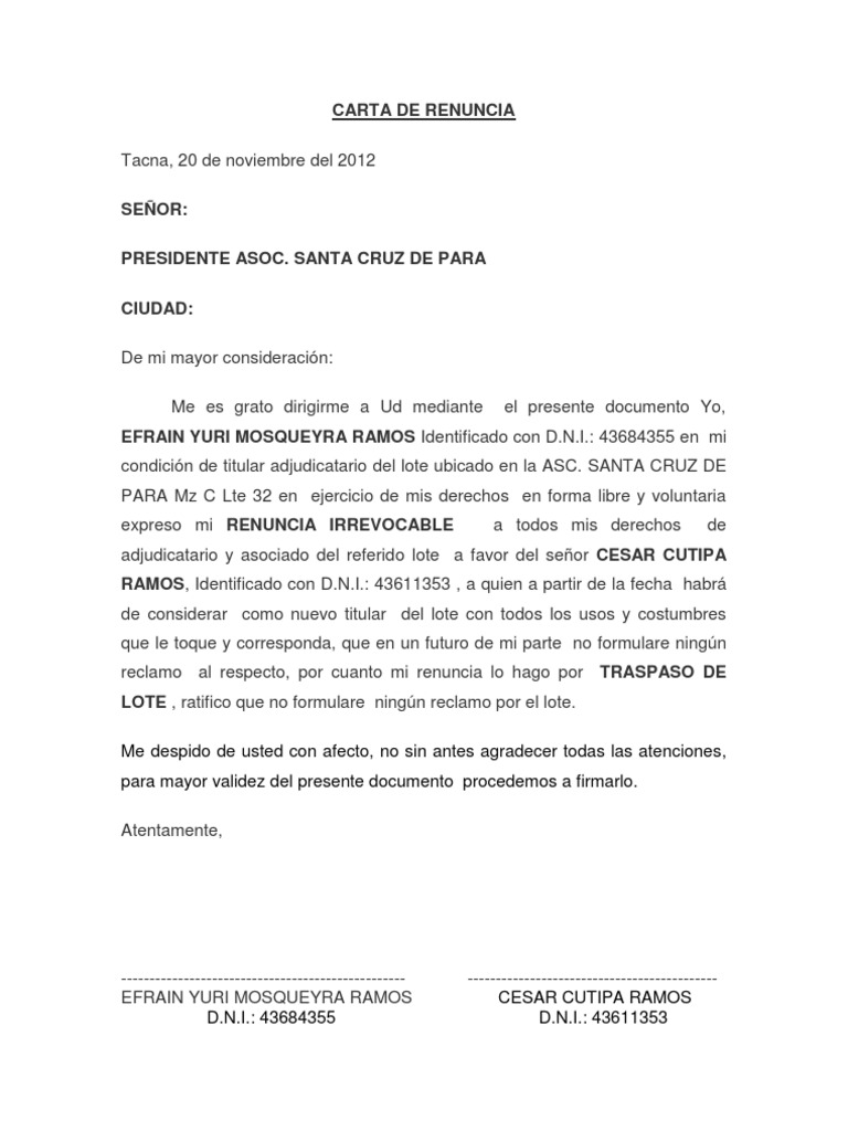 Carta de Renuncia de Lote