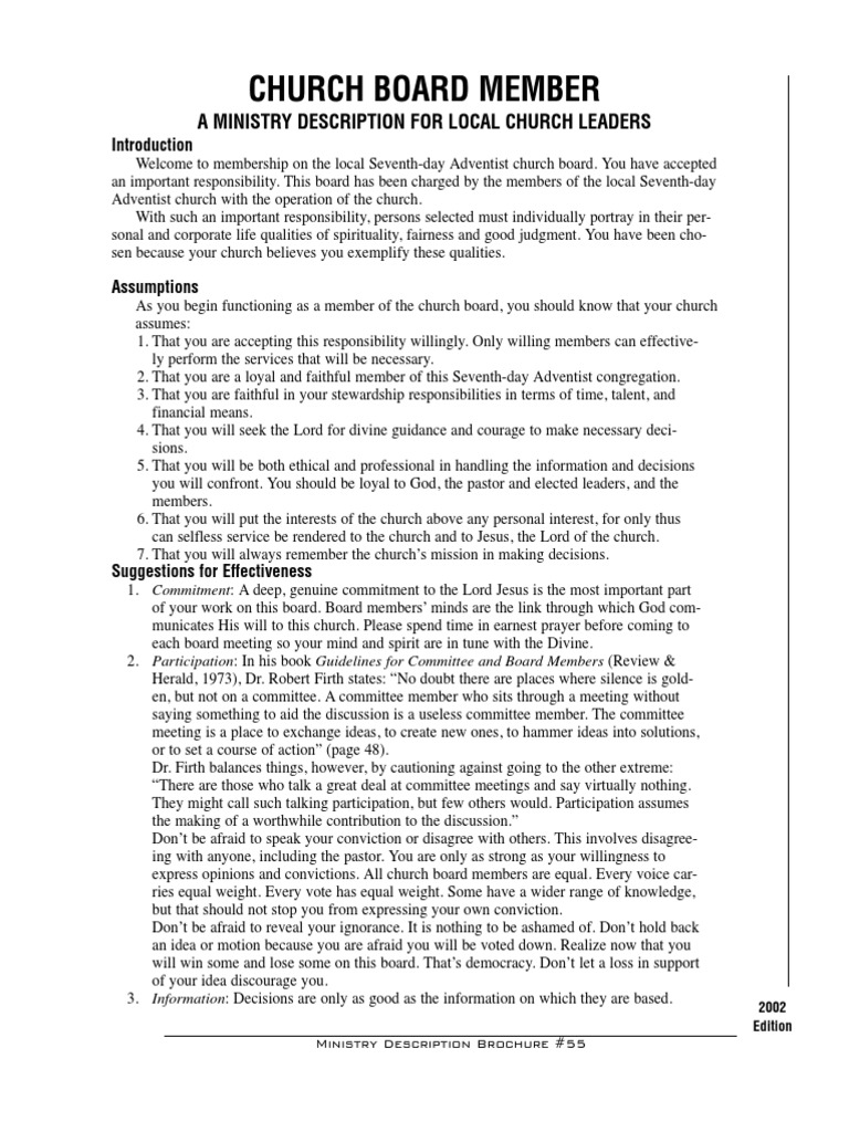 Church Board Member A Ministry Description For Local Church Leaders PDF