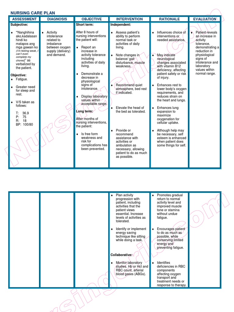Nursing Care Plan Anemia Anemia Nursing