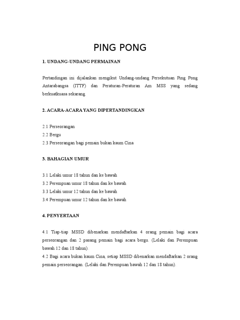 Peraturan Permainan Ping Pong