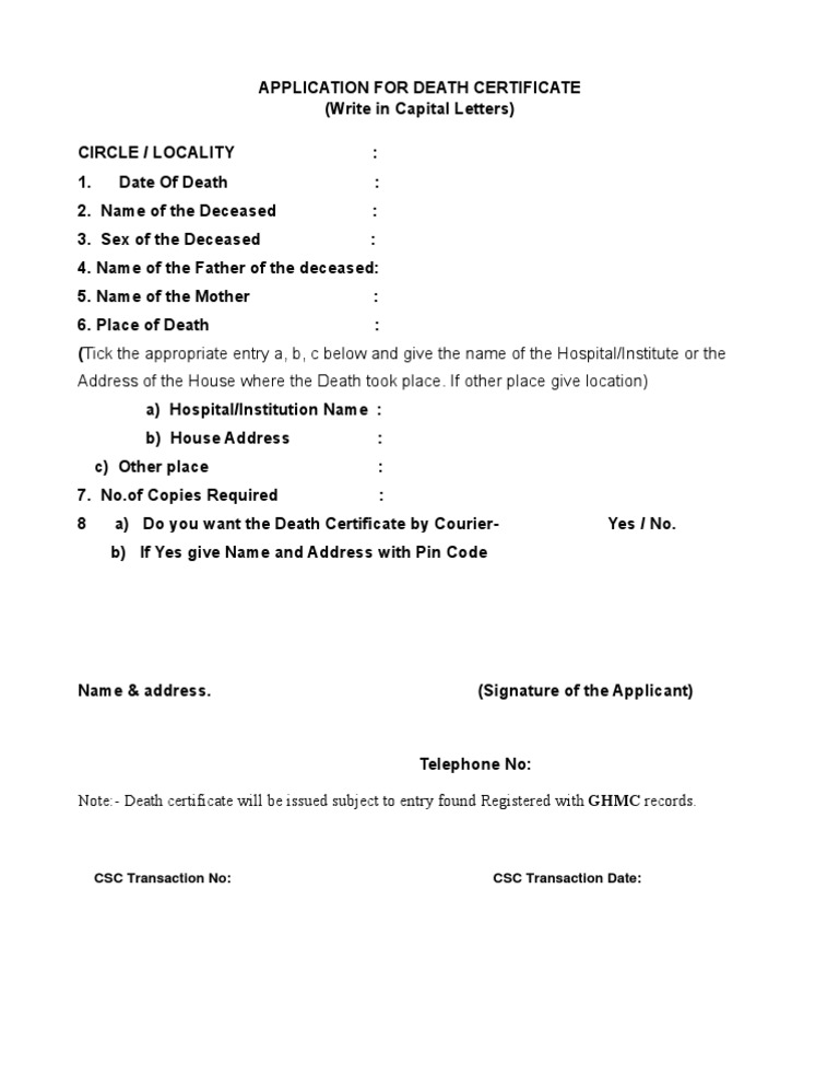 Application Form Death Certificate