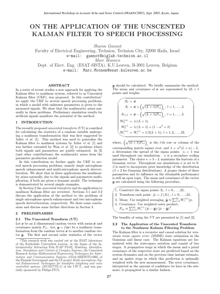 Unscented Kalman Filter in Speech Processing | PDF