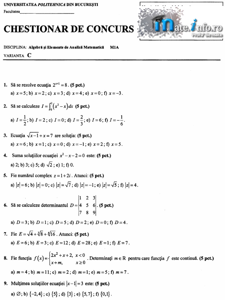 Mate Info Ro 2125 Subiecte Admitere Upb 2012 Algebra Si Analiza Matematica