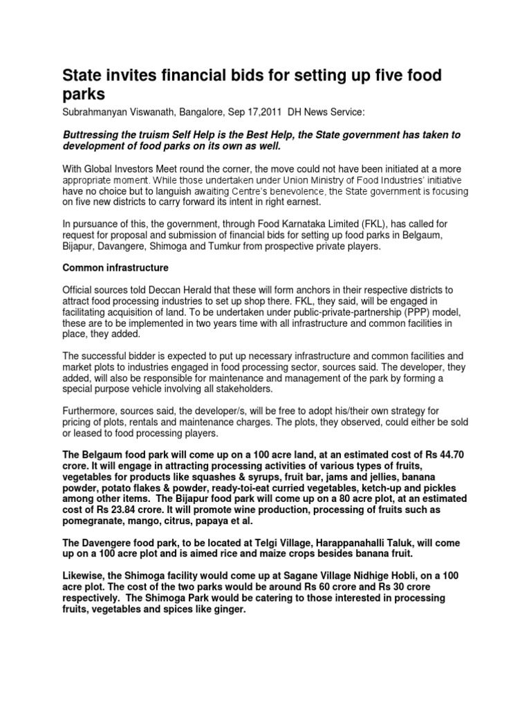 Food Parks in Karnataka PDF PublicPrivate Partnership Fruit