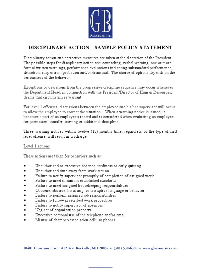 04 Disciplinary Action Policy Samples Employment Justice