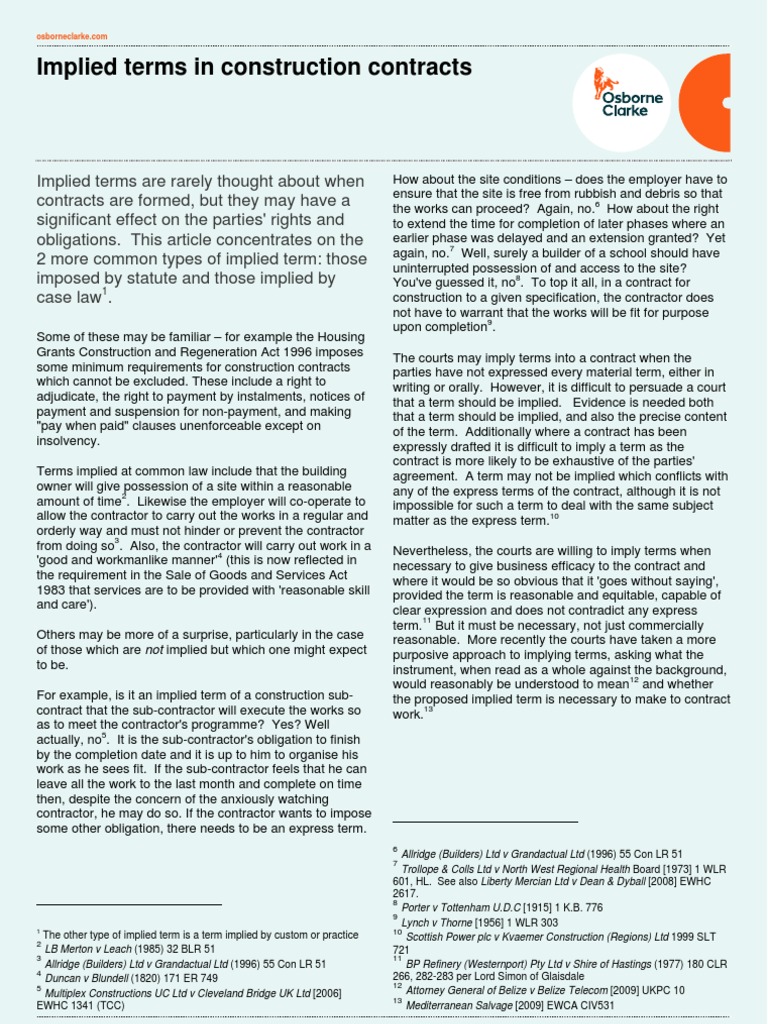 Implied Terms In Construction Contracts Pdf Contractual Term