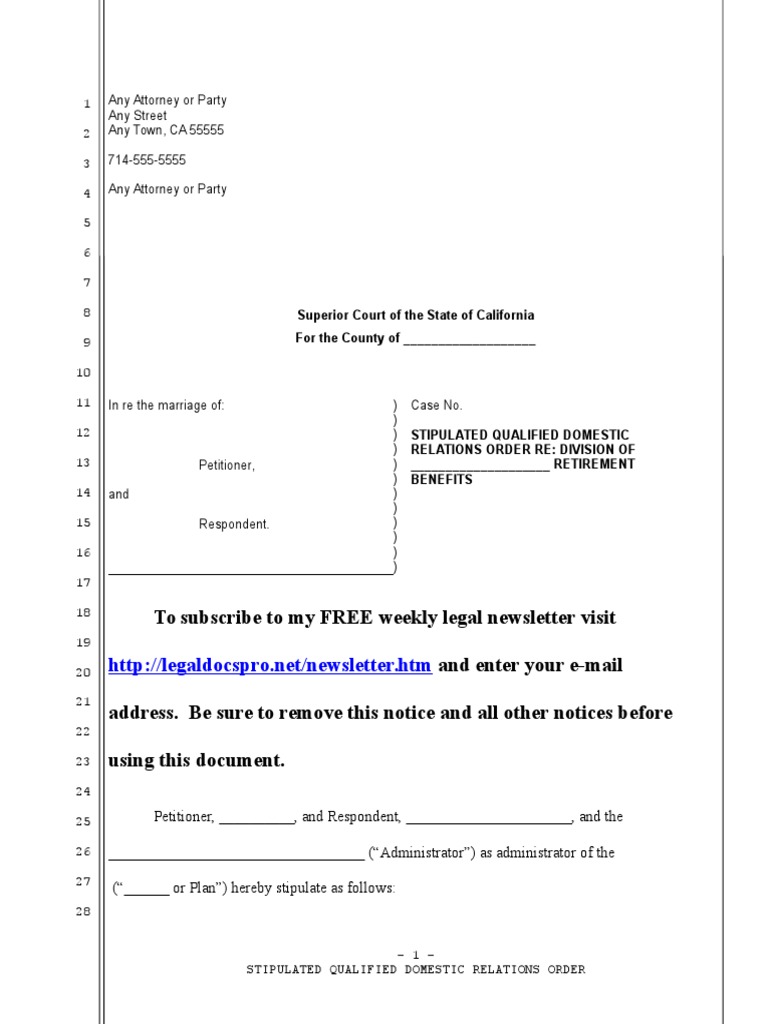Sample Qualified Domestic Relations Order For California Family Law