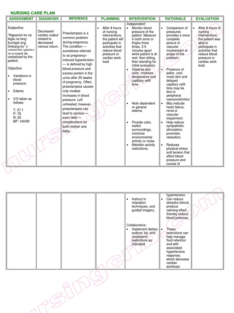 Nursing Care Plan for Preeclampsia | PDF | Hypertension | Blood Pressure