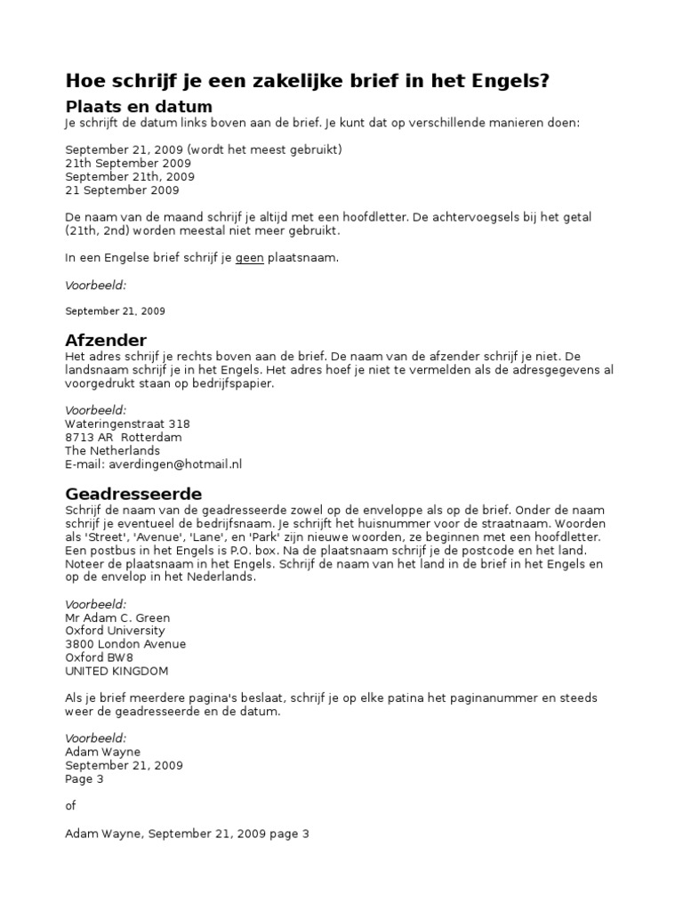 Hoe Schrijf Je Een Zakelijke Brief In Het Engels Plaats En Datum Pdf