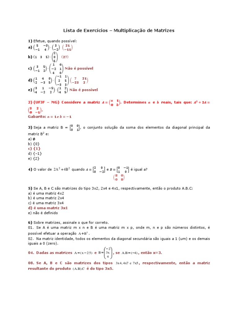 Exercícios de Multiplicação de Matrizes | PDF | Matriz (Matemática ...
