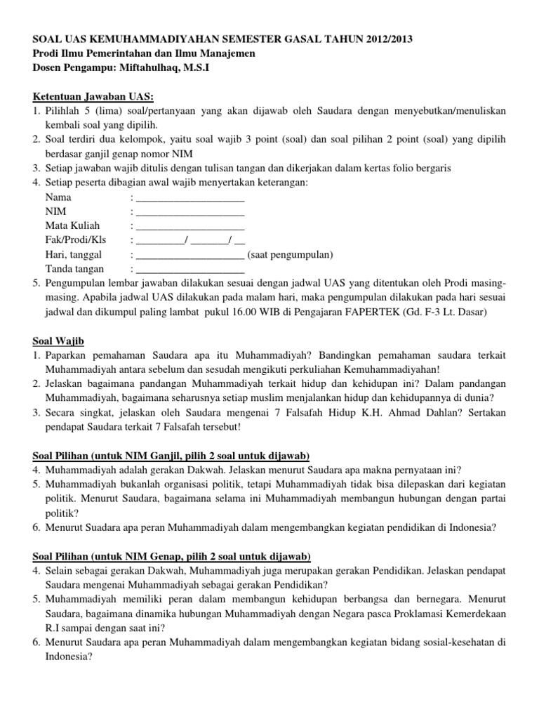 Contoh Soal Kemuhammadiyahan Revisi Sekolah