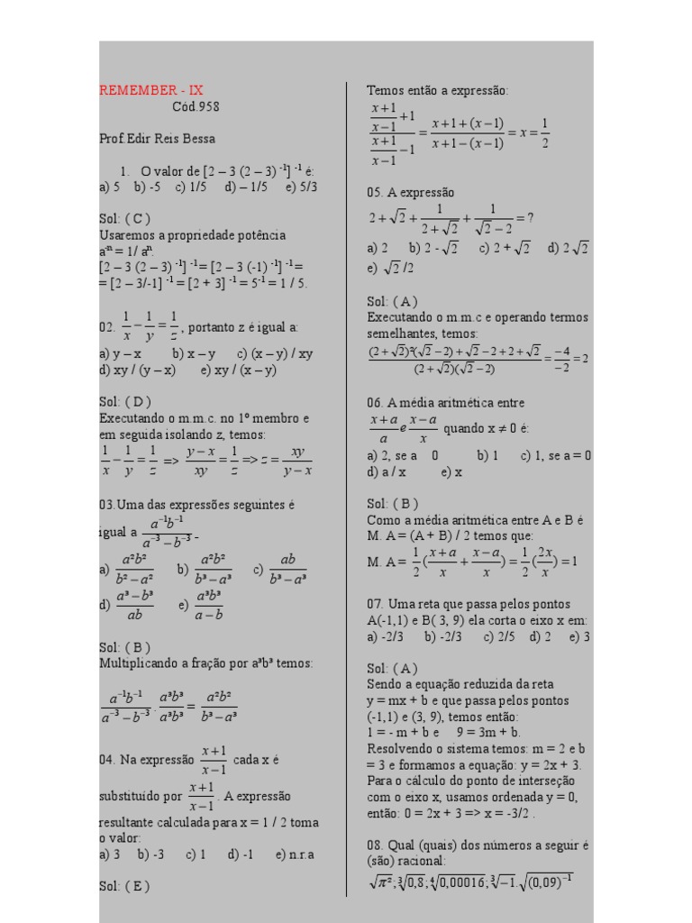 Matematica Exercicios Resolvidos 9 | PDF