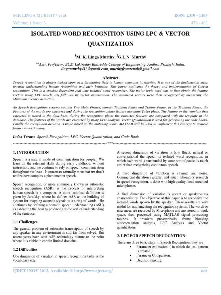 Isolated Word Recognition Using LPC & Vector Quantization | PDF
