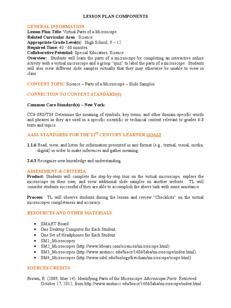 Microscope Lesson Plan Microscope Lesson Plan