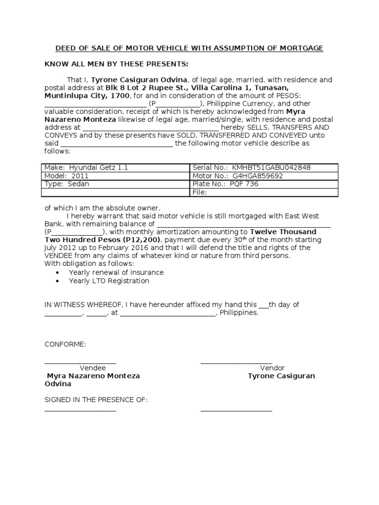 Deed of Sale of Motor Vehicle With Assumption of Mortgage Private Law