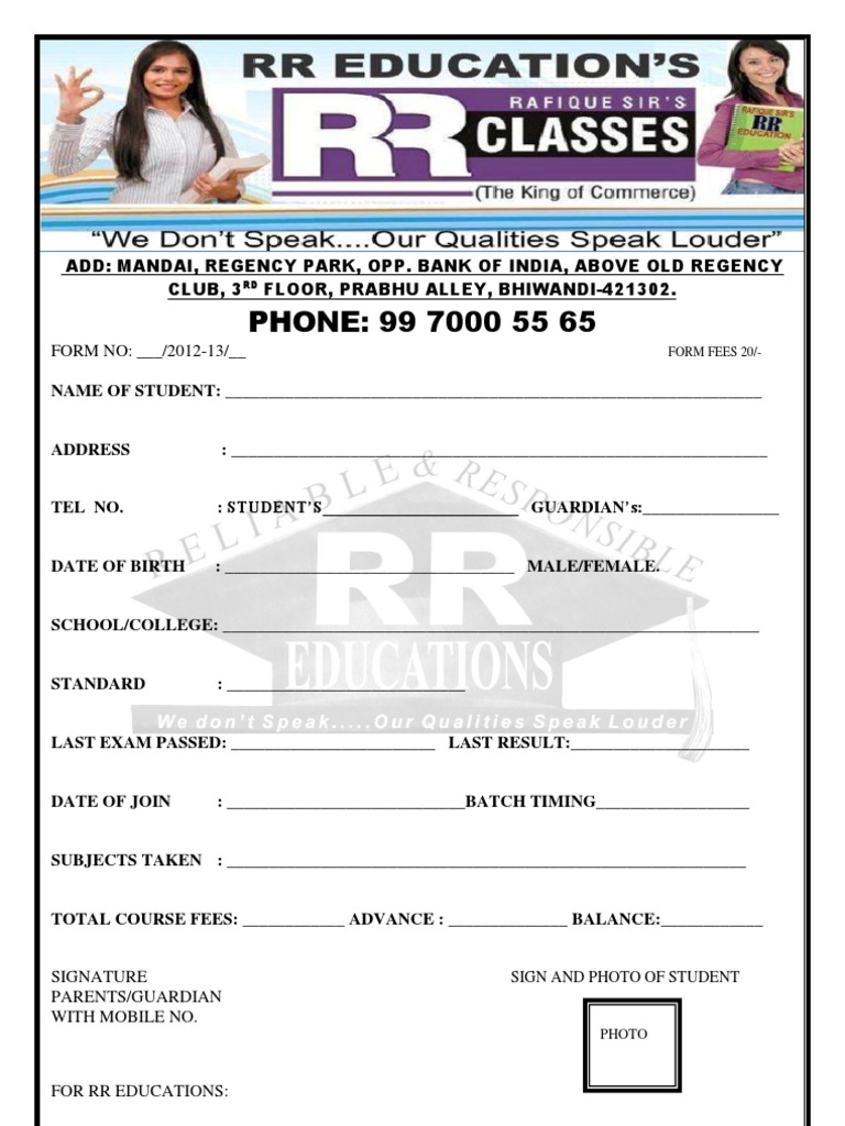Student Registration Form for RR Educations | PDF | Fee | Schools