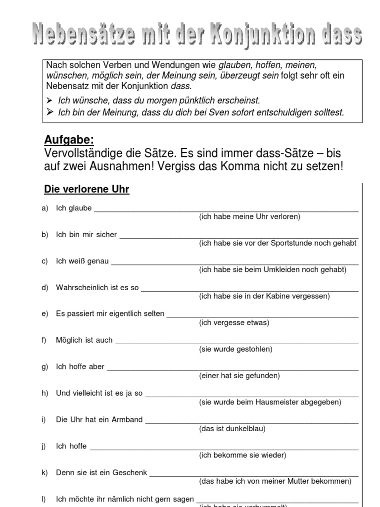 Arbeitsblatt zu Nebensätzen mit der Konjunktion "dass"