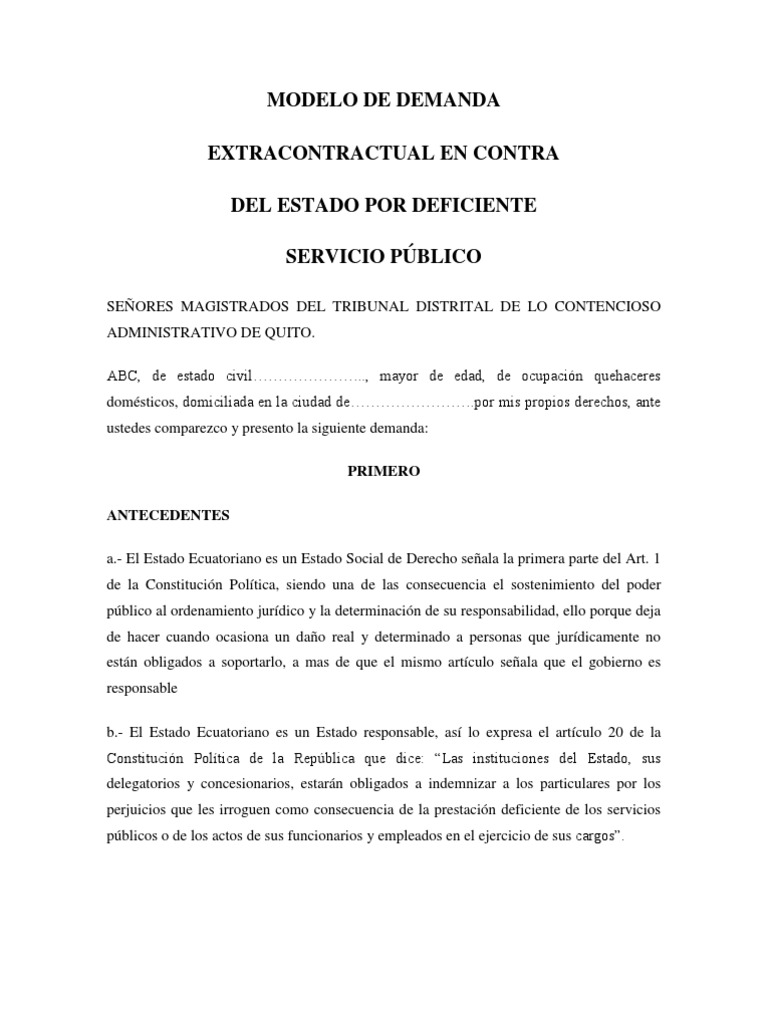 Modelo de Demanda Extracontractual en Contra Del Estado Por Deficiente  Servicio Público | PDF | Estado (política) | Administración Pública