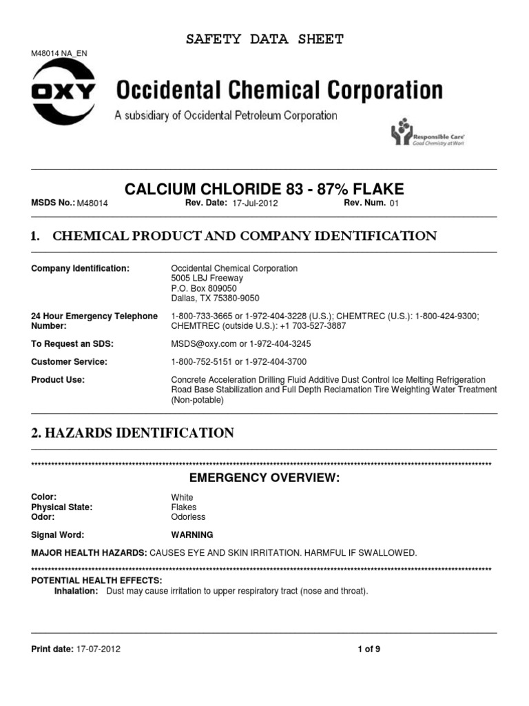 MSDS Calcium Chloride Toxicity Safety Free 30day Trial Scribd