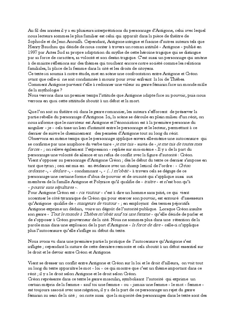 Commentaire Composé Antigone | Romans | Fiction et littérature