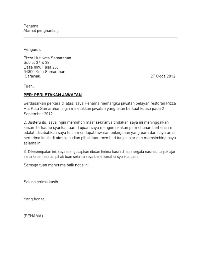 Contoh Surat Notis Berhenti Kontrak