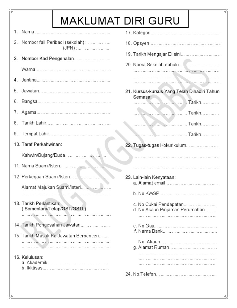 Maklumat Diri Guru (Buku RPH)  PDF