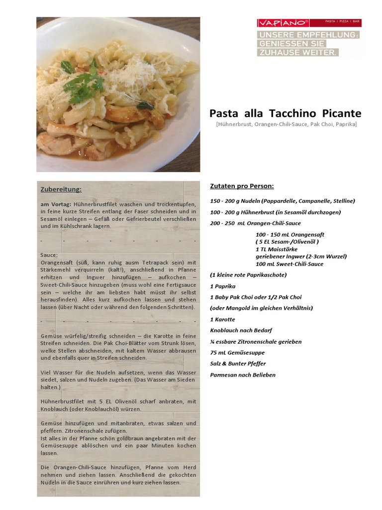 Vapiano Pasta Alla Tacchino Picante