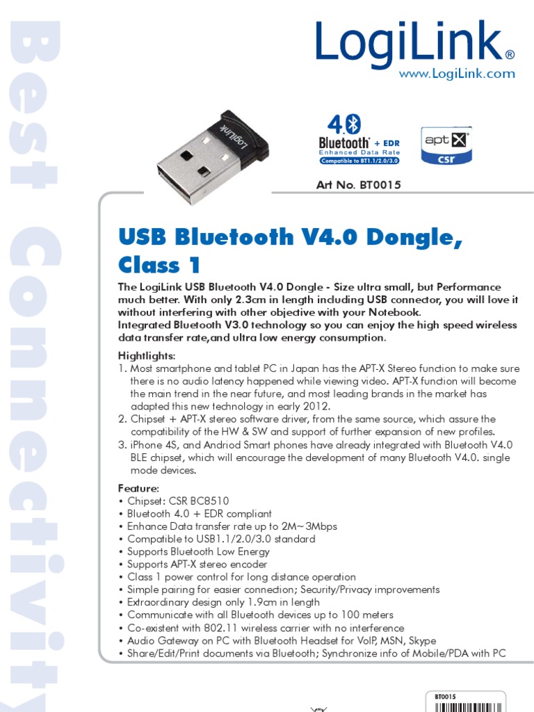 Overholdelse af Overdreven tommelfinger Logilink USB Bluetooth V4.0 Dongle Class 1 | PDF | Bluetooth | Usb