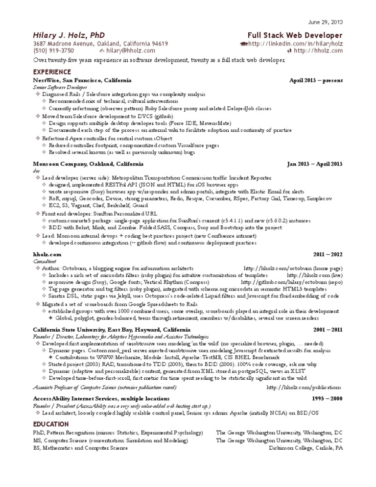 Hilary's One Page Full Stack Web Developer Resume | PDF | Salesforce ...