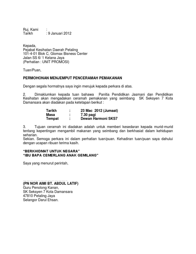 Surat Jemputan Penceramah Pemakanan