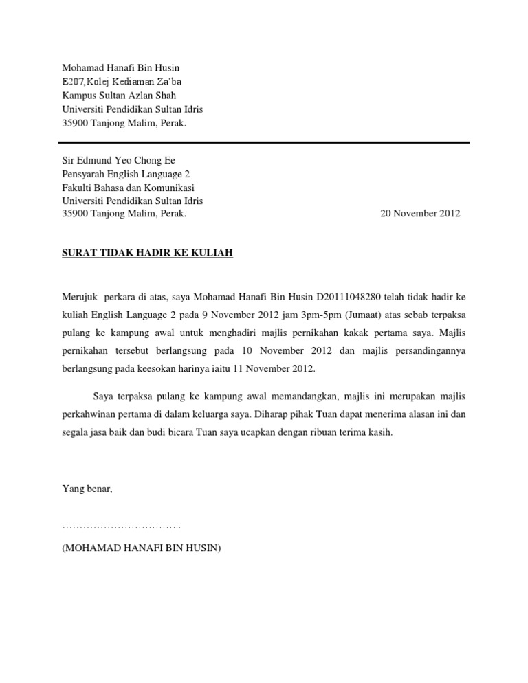 Contoh Surat Pemberitahuan Tidak Hadir Ke Kuliah