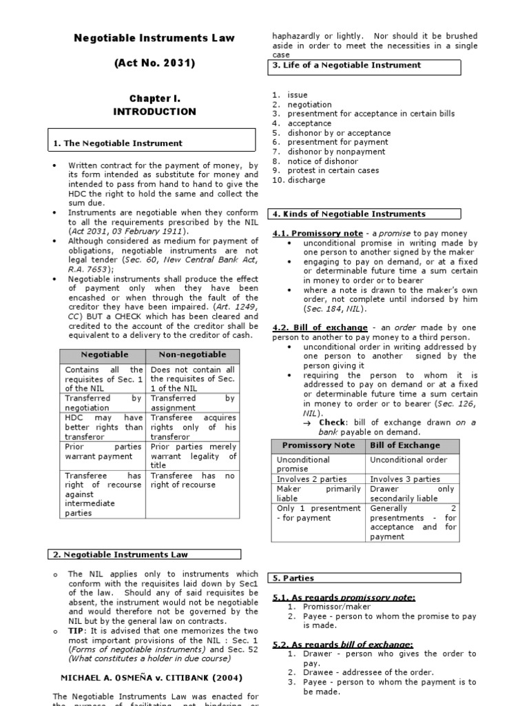 Negotiable Instruments Law Negotiable Instrument Common Law