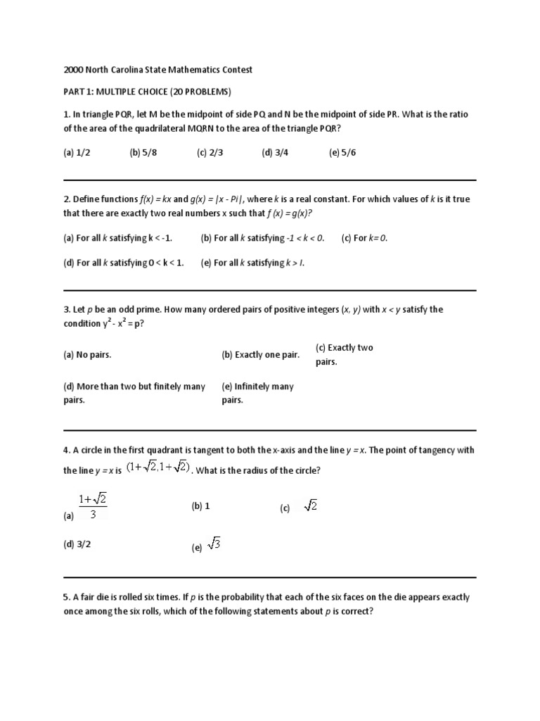2000 North Carolina State Mathematics Contest | PDF | Function ...