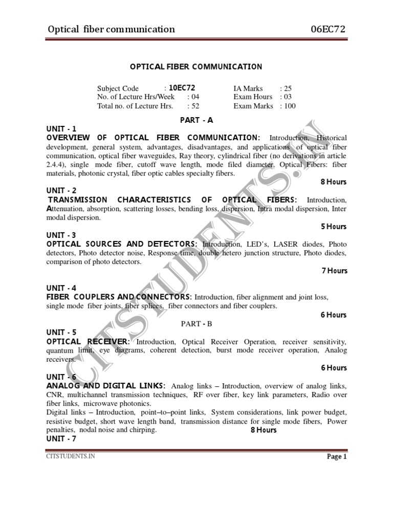 Ece Vii Optical Fiber Communication (06ec72) Notes | PDF | Optical ...