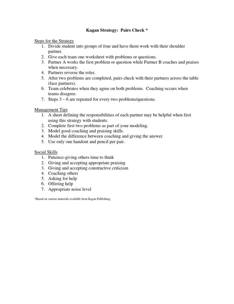 Kagan Pairs Check Strategy Guide | PDF